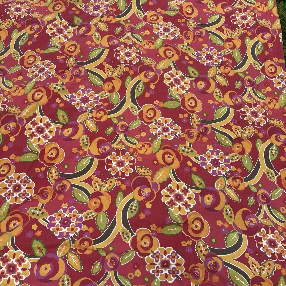 Pottery‎ Barn King Duvet Cover Two Shams Red Floral Retro Mod Cotton Reversible